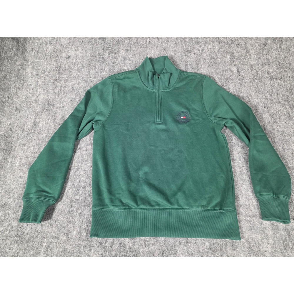 Mens S Fleece Sweatshirt Green Quarter Zip Crest Logo Tommy Hilfiger Pullover